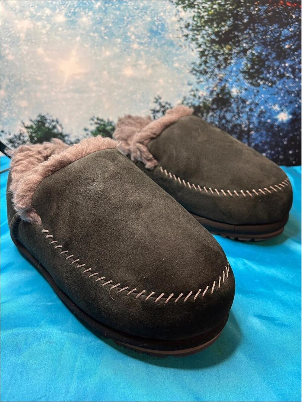 UGG Black Lamb Suede Shearling Lined Slip-On Slippers Moccasins Women 8 New